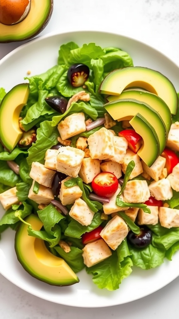 A colorful plate of avocado chicken salad made with lettuce, tomatoes, and sliced avocado.