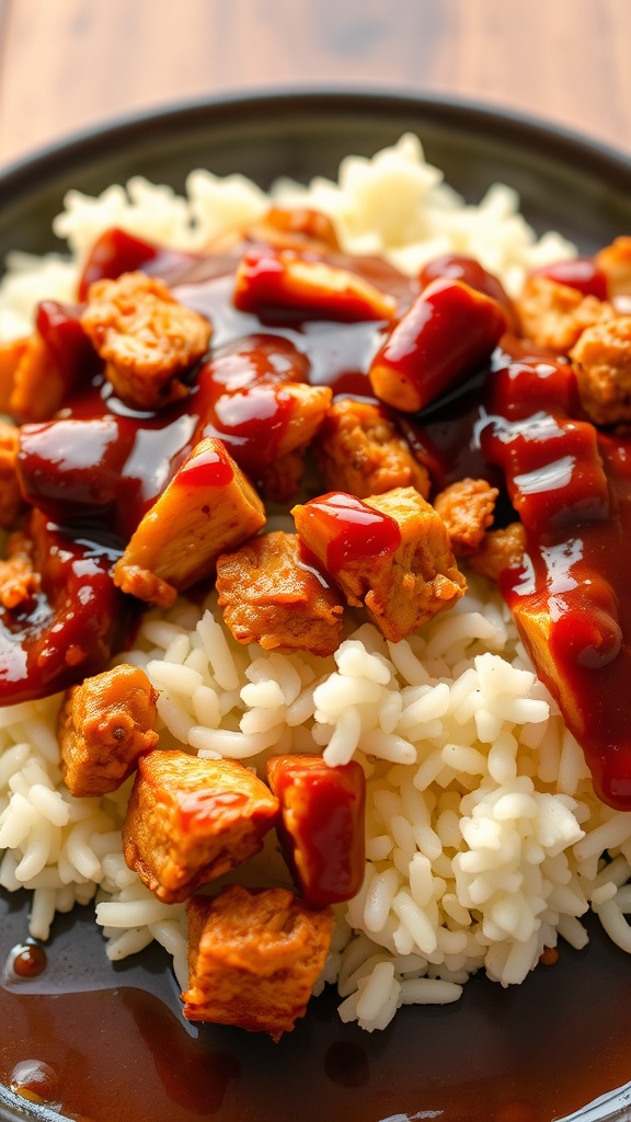 A delicious Keto BBQ Pulled Chicken Bowl with pulled chicken, BBQ sauce, and cauliflower rice.