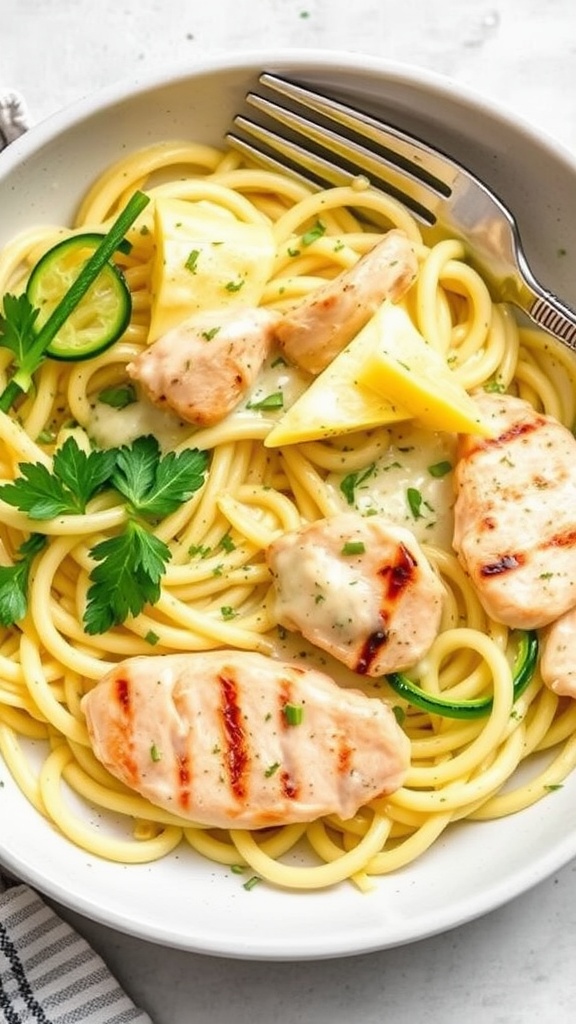 A bowl of Keto Chicken Alfredo with zoodles, featuring grilled chicken, creamy sauce, and fresh herbs.