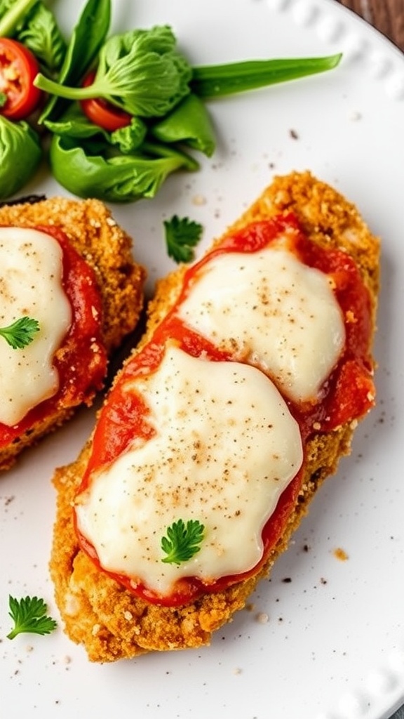 Keto chicken parmesan with almond flour, garnished with herbs and served with fresh greens.