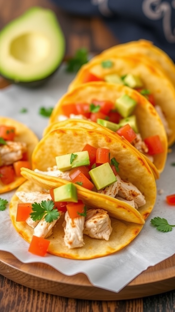 Delicious keto chicken tacos with cheese shells, topped with fresh vegetables