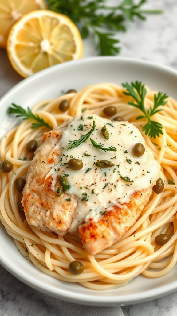 A plate of Lemon Herb Chicken Piccata served with spaghetti and garnished with capers and herbs.