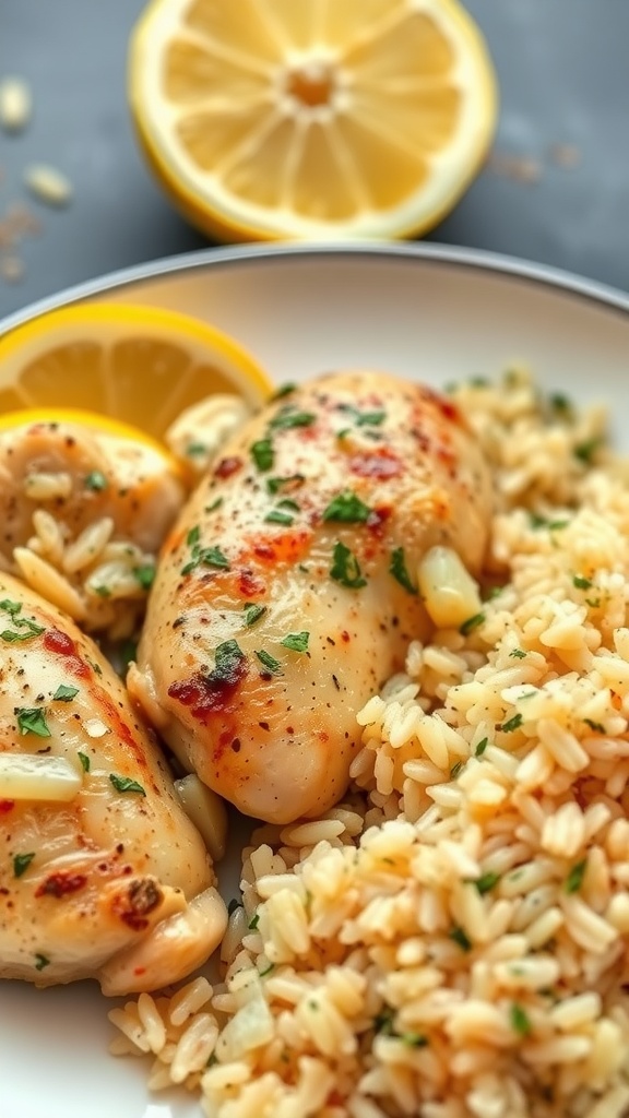 Plate of lemon herb chicken with rice pilaf and lemon slices