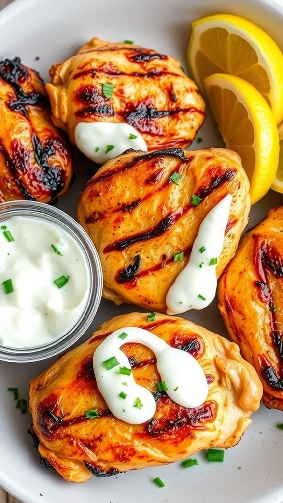 Grilled chicken served with tzatziki sauce and lemon wedges