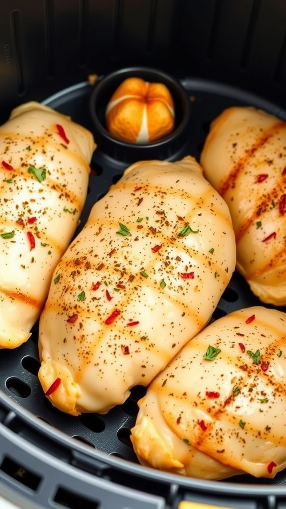 Four seasoned chicken breasts in an air fryer, ready to be cooked.