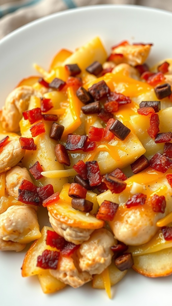 A bowl of Loaded Baked Potato Chicken Casserole with chicken, potatoes, cheese, and bacon