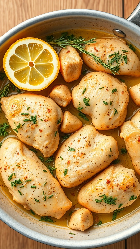 A skillet with cooked chicken breast pieces, lemon, and fresh herbs in a golden sauce.