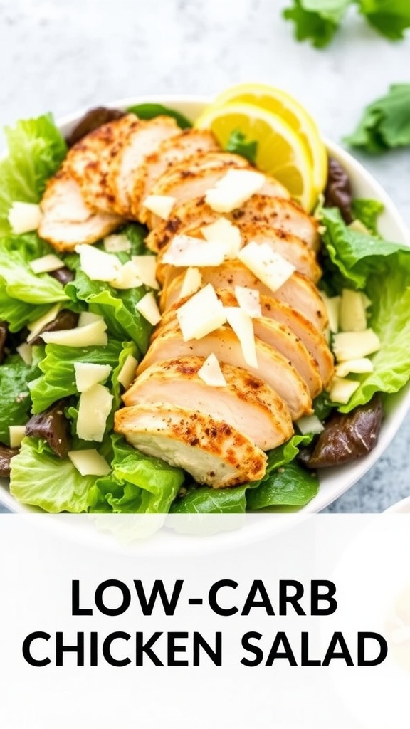 A delicious low-carb Caesar chicken salad featuring sliced chicken, greens, and lemon.