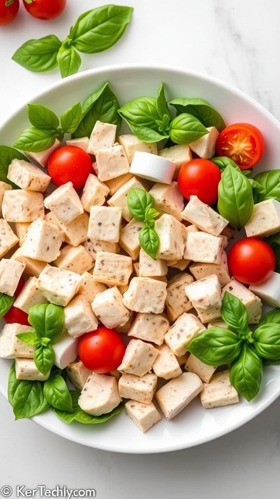 A bowl of Caprese Chicken Salad with cherry tomatoes, mozzarella cheese, and fresh basil