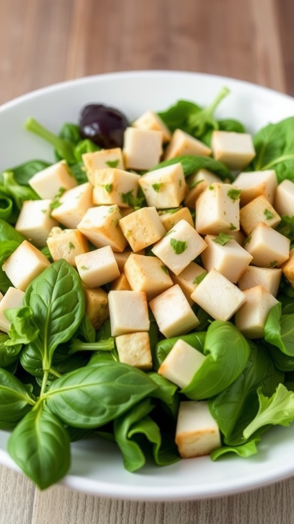 A fresh salad with spinach, basil, and diced chicken