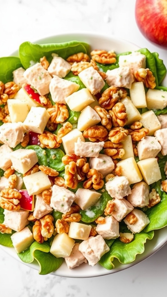 A bowl of Waldorf chicken salad topped with walnuts, apples, and greens