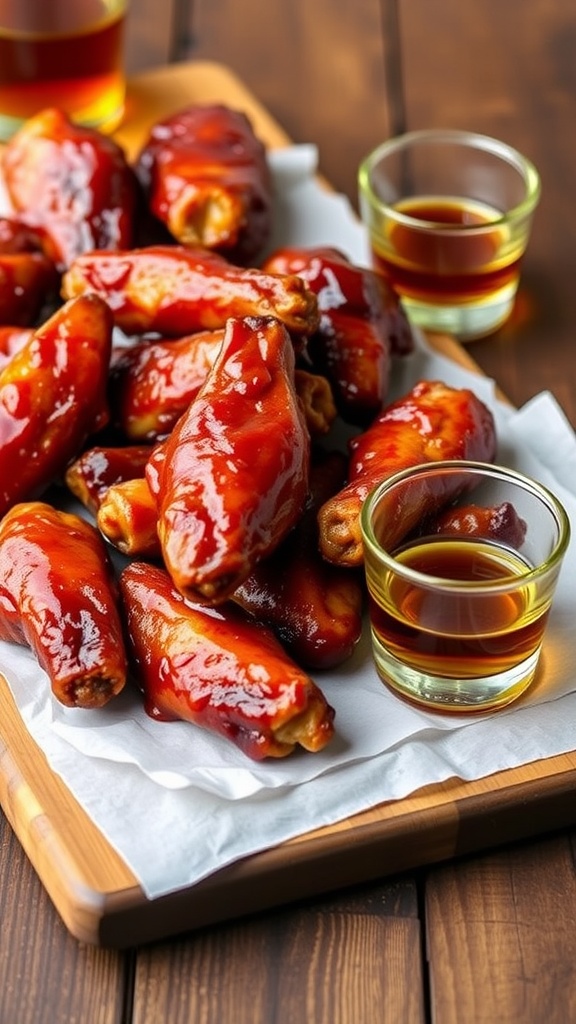 A platter of Maple Bourbon Glazed Chicken Wings with small glasses of bourbon sauce