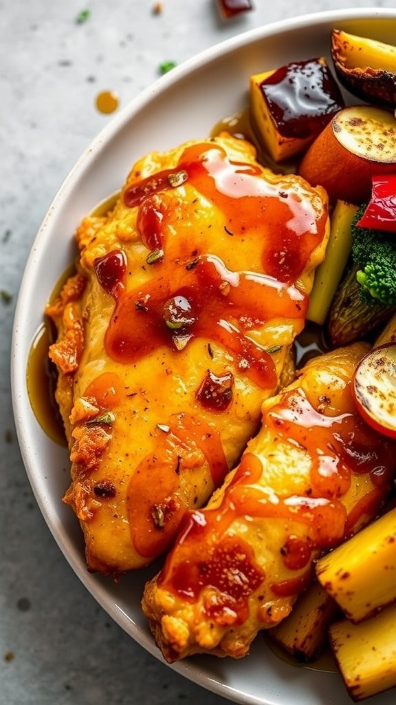 Maple mustard glazed chicken tenders served with roasted vegetables