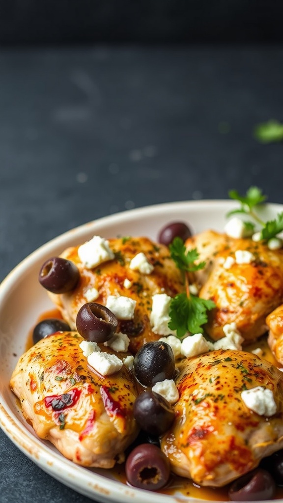 Plate of Mediterranean baked chicken thighs with olives and feta