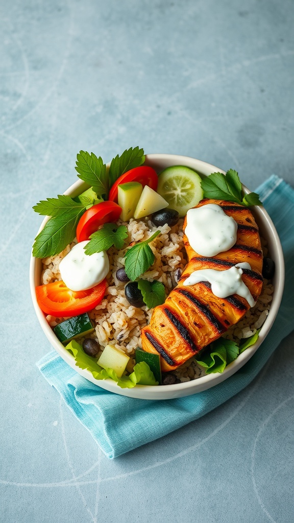 A Mediterranean Chicken and Rice Bowl featuring grilled chicken, rice, and fresh vegetables.