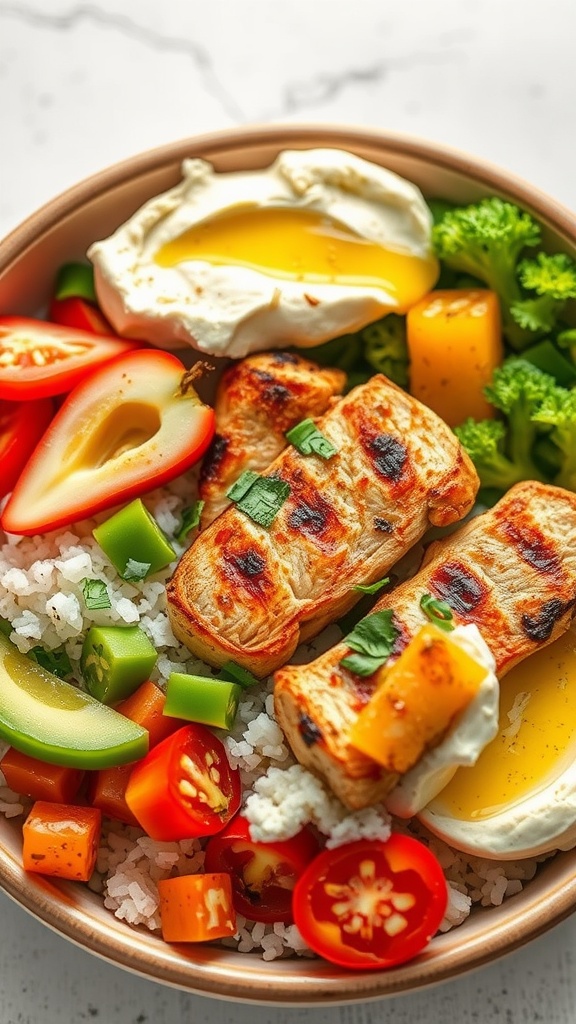 A bowl filled with grilled chicken, rice, fresh vegetables, and hummus.