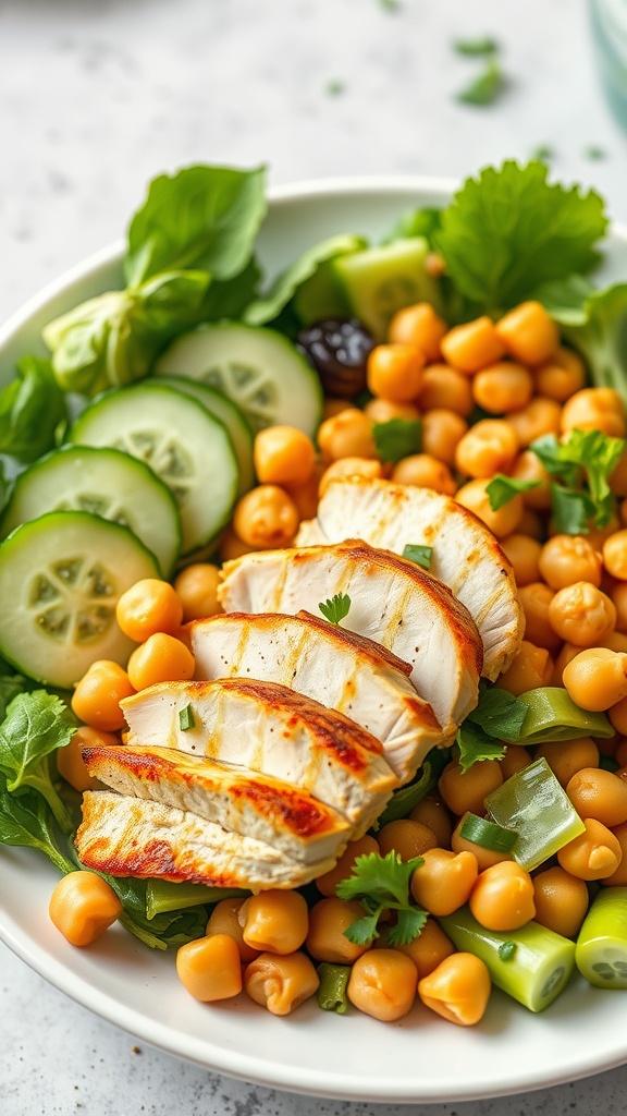 A vibrant Mediterranean chicken salad with chickpeas and cucumber on a plate.