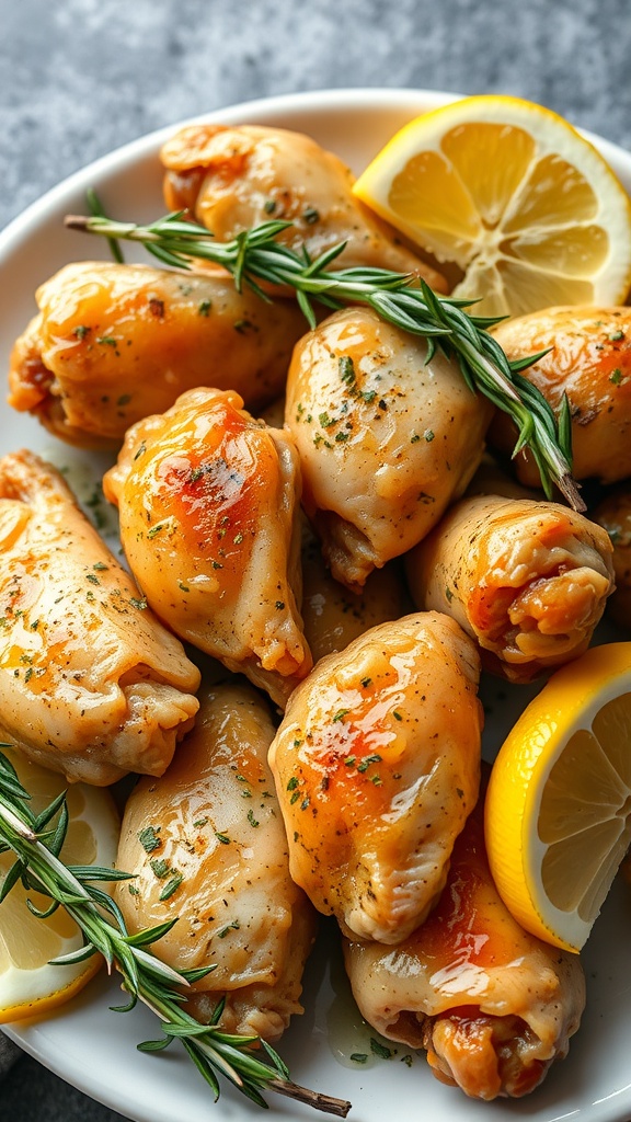 Plate of Mediterranean Lemon Herb Chicken Wings garnished with lemon slices and rosemary