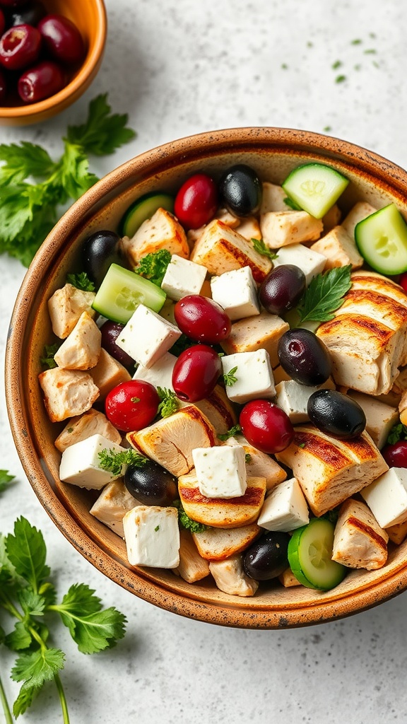 A bowl of Mediterranean low carb chicken salad with olives, cucumber, and feta cheese.