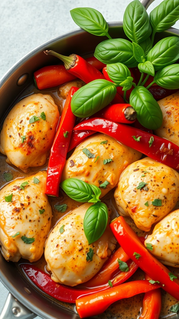 Mediterranean roasted red pepper and chicken skillet with fresh basil