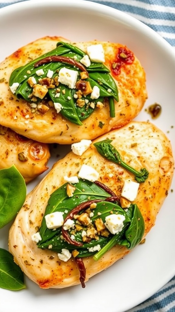 Mediterranean stuffed chicken breasts garnished with spinach and feta cheese