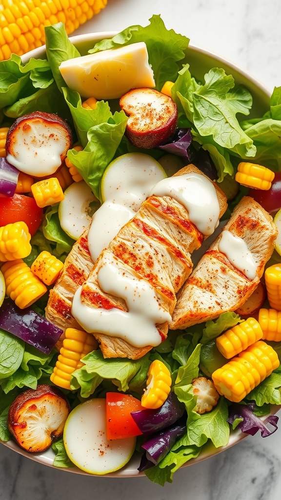 A colorful bowl of Mexican Street Corn Chicken Salad with grilled chicken, corn, and fresh vegetables.