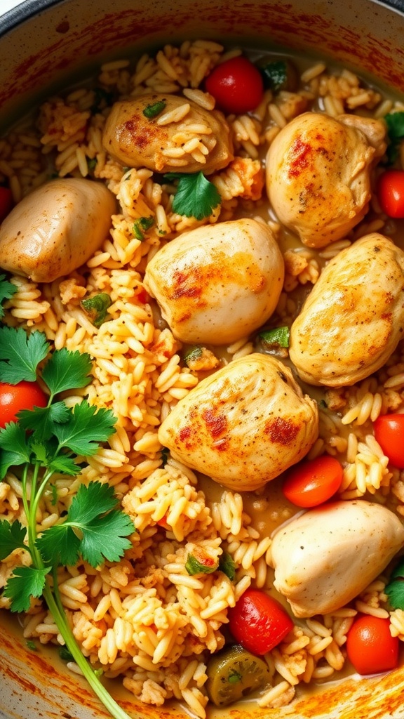 A pot of One-Pot Arroz Con Pollo with chicken, rice, cherry tomatoes, and cilantro