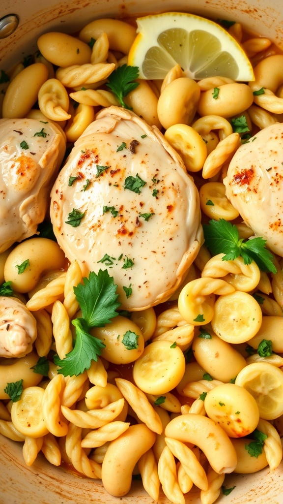 Delicious One-Pot Lemon Herb Chicken and Orzo with lemon slices and herbs