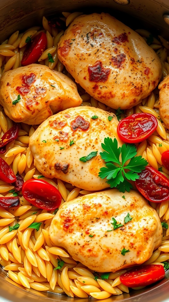 One-Pot Mediterranean Chicken and Orzo with Sun-Dried Tomatoes