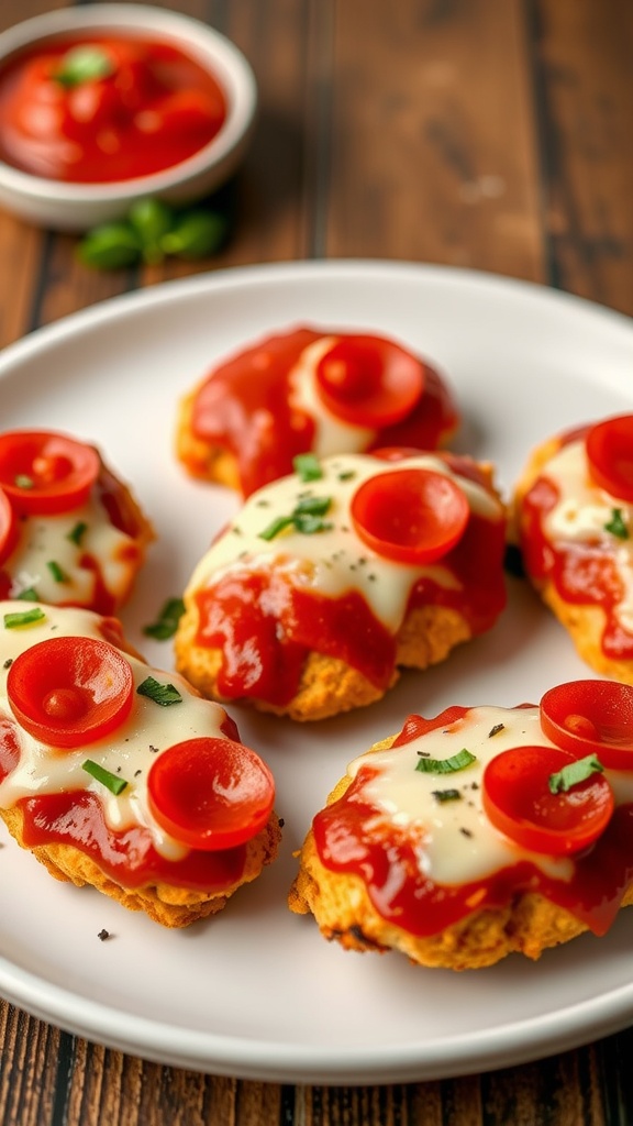 An appetizing plate of pizza-style chicken tenders topped with marinara sauce, cheese, and pepperoni.