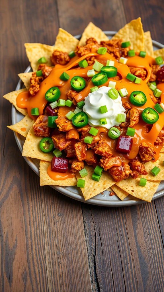 A plate of pulled BBQ chicken nachos topped with cheese, jalapeños, sour cream, and green onions.