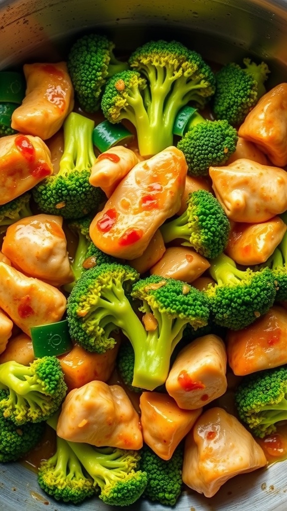 A colorful bowl featuring chicken pieces and bright green broccoli in a delicious sauce