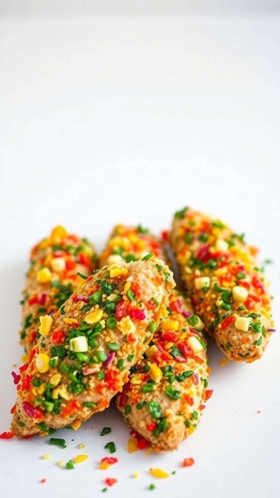 Colorful chicken tenders coated with veggie crumbs