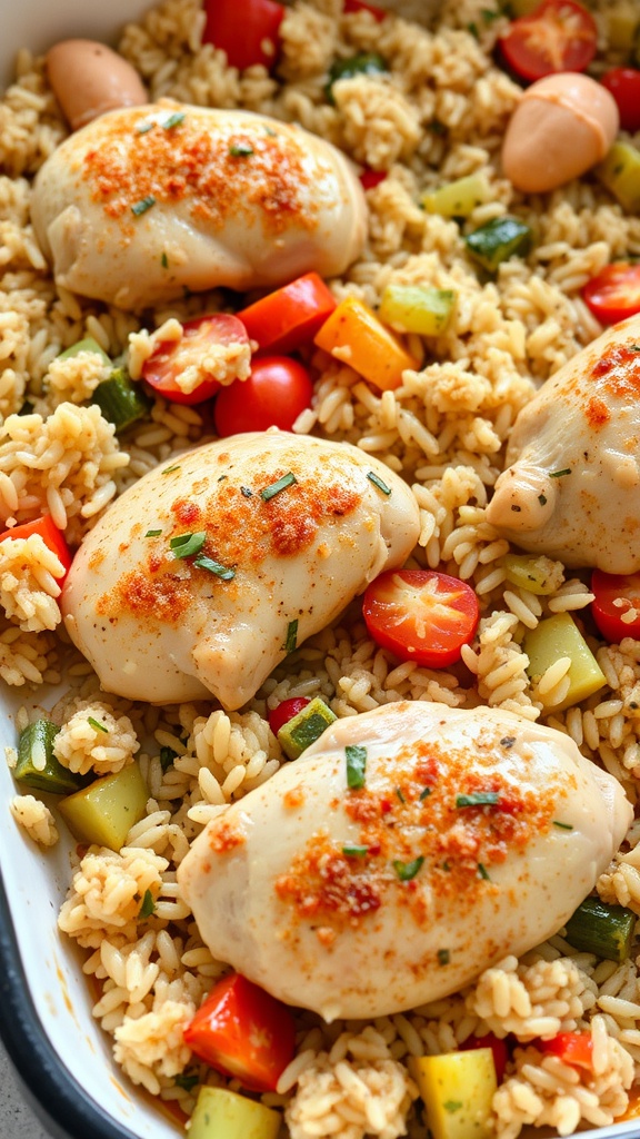 Savory baked chicken and rice with colorful vegetables