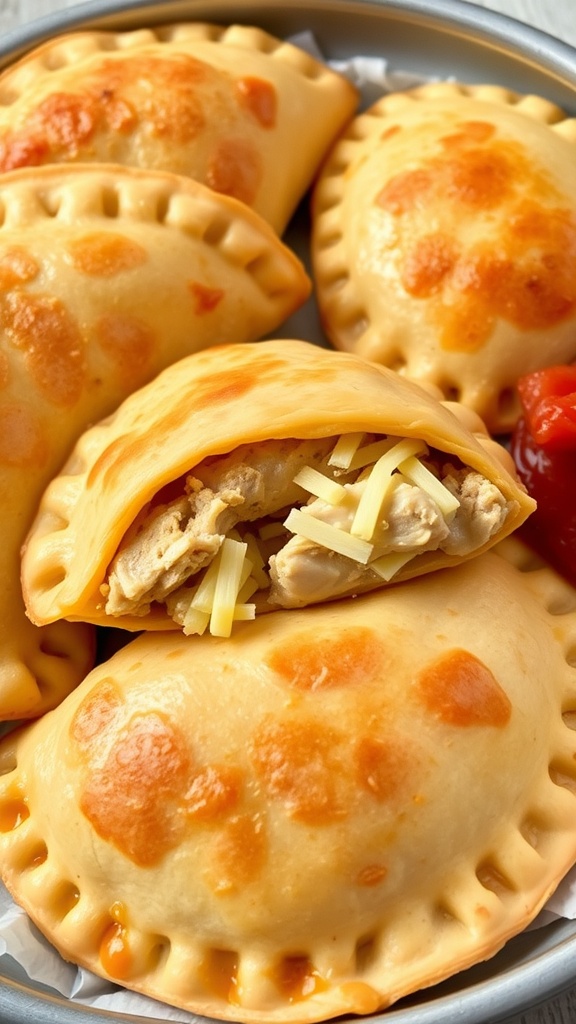 A tray of freshly baked chicken and cheese empanadas, showing a golden pastry with a filling of chicken and cheese.