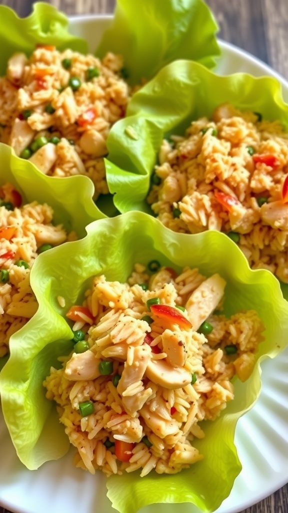 Savory chicken and rice filled in green lettuce wraps on a plate