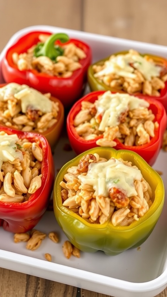 Colorful stuffed peppers filled with chicken and rice