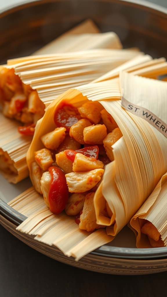 Plate of chicken tamales wrapped in corn husks