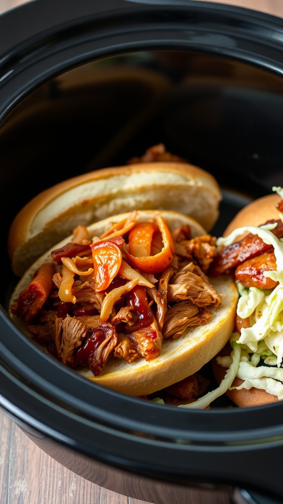 Slow cooker BBQ pulled chicken on a bun with toppings