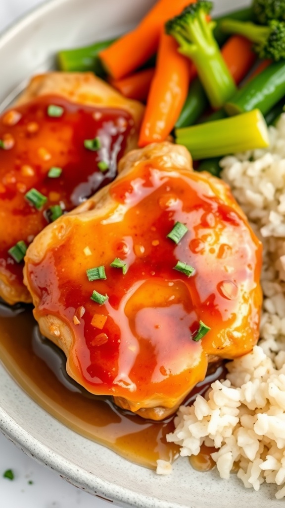 Honey garlic chicken thighs served with rice and mixed vegetables