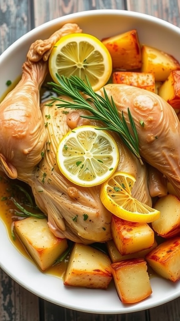 A plate of Savory Slow Cooker Lemon Herb Chicken with potatoes and lemon slices.