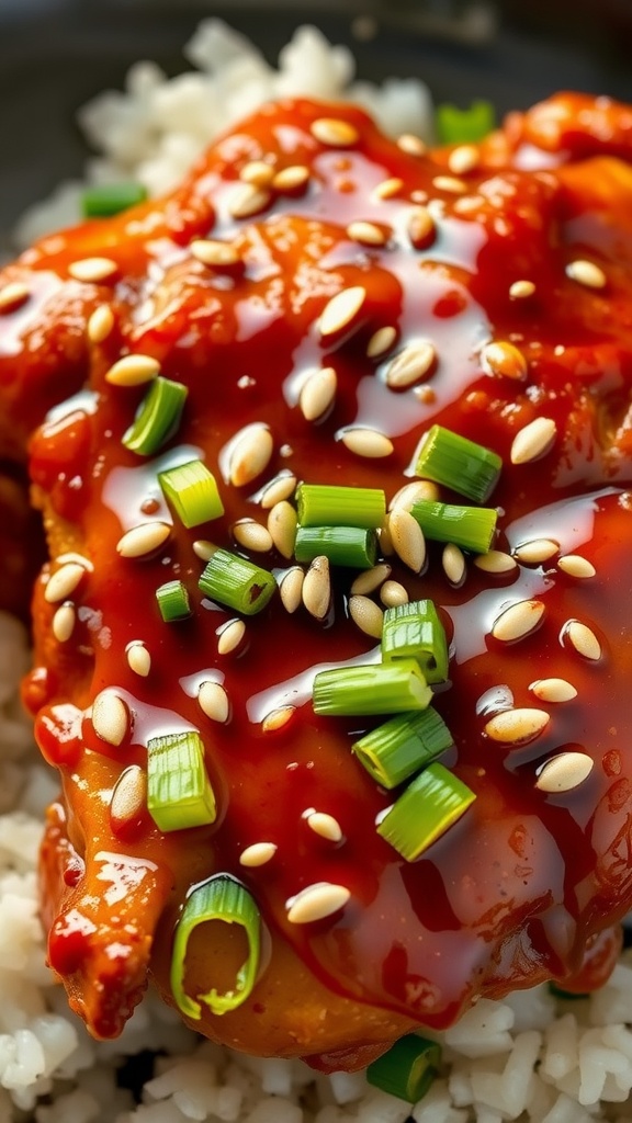 Slow Cooker Teriyaki Chicken served over rice, garnished with sesame seeds and green onions.