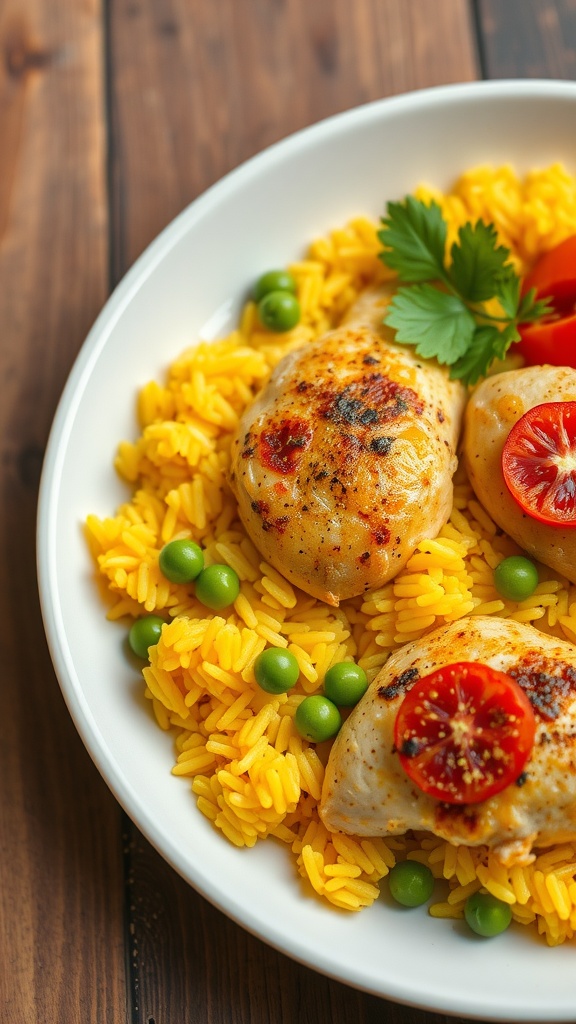 Plate of Spanish chicken and yellow rice with green peas and tomatoes