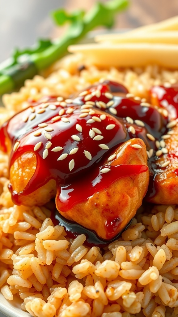 A plate of teriyaki chicken drizzled with sauce on fried rice with sesame seeds.