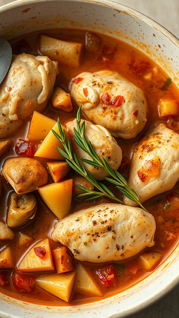 A bowl of slow-cooked Mediterranean chicken stew with artichokes, potatoes, and herbs.