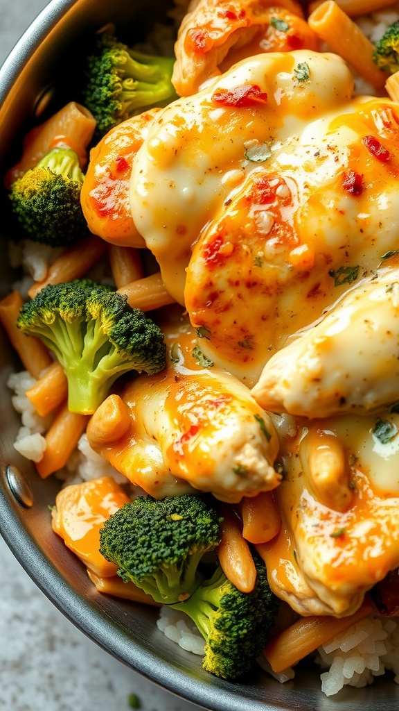 A bowl of cheesy chicken and broccoli with pasta, showcasing melted cheese and vibrant green broccoli