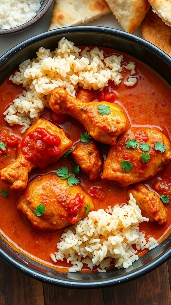 A bowl of Chicken Tikka Masala with rice and naan on the side.