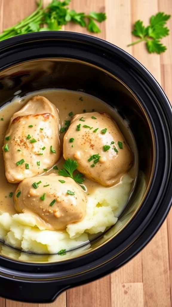 Slow Cooker Creamy Garlic Chicken served with mashed potatoes