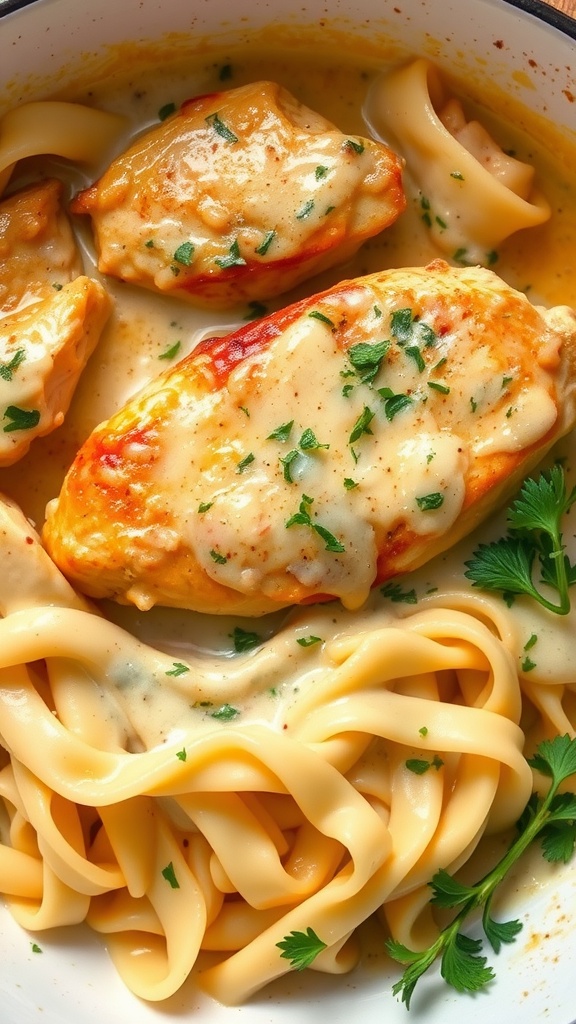 A serving of creamy ranch chicken with pasta and herbs