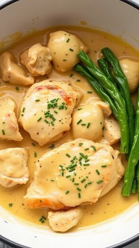 Bowl of Slow Cooker Creamy Ranch Chicken with green beans and a creamy sauce.